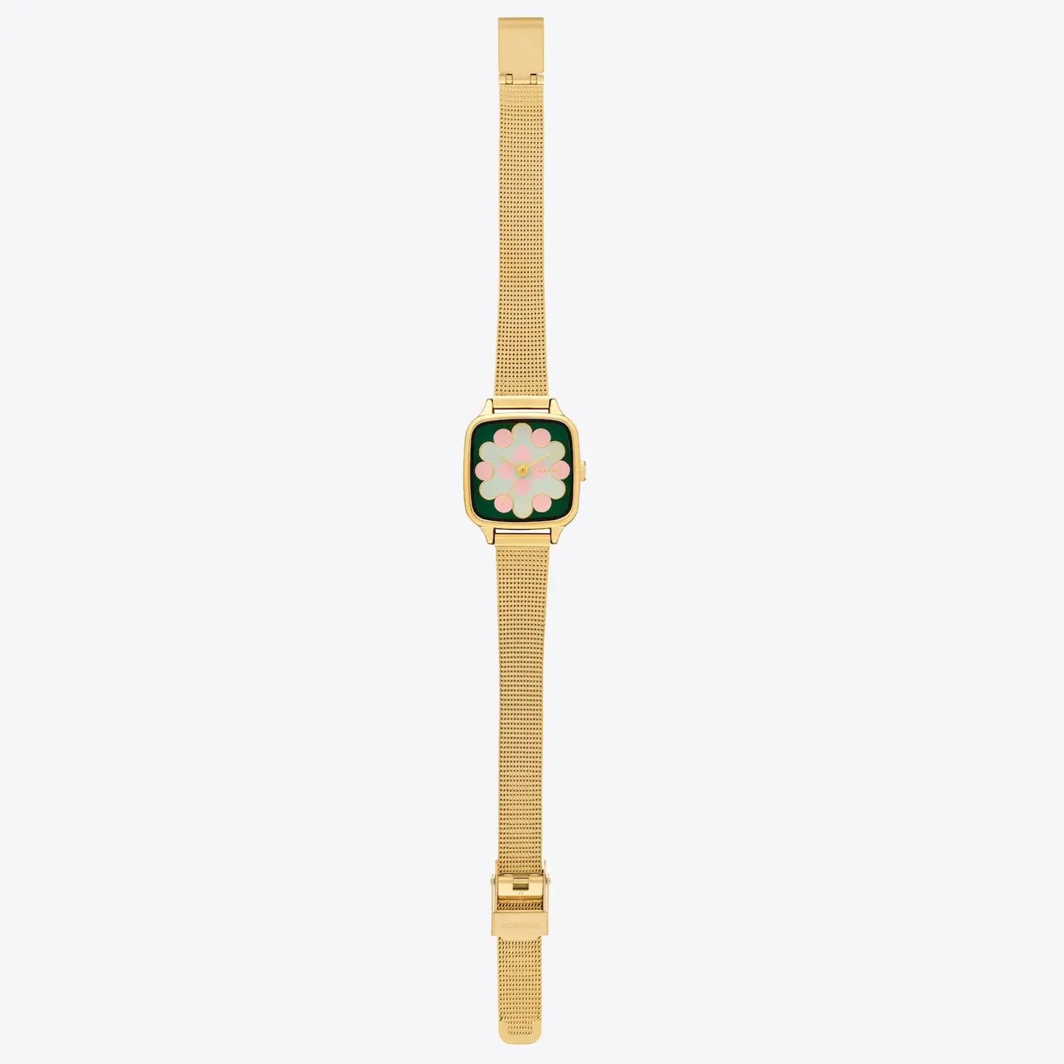 Kate Aurora Royale Gold Green Blush Watch showcasing floral design and gold mesh strap.