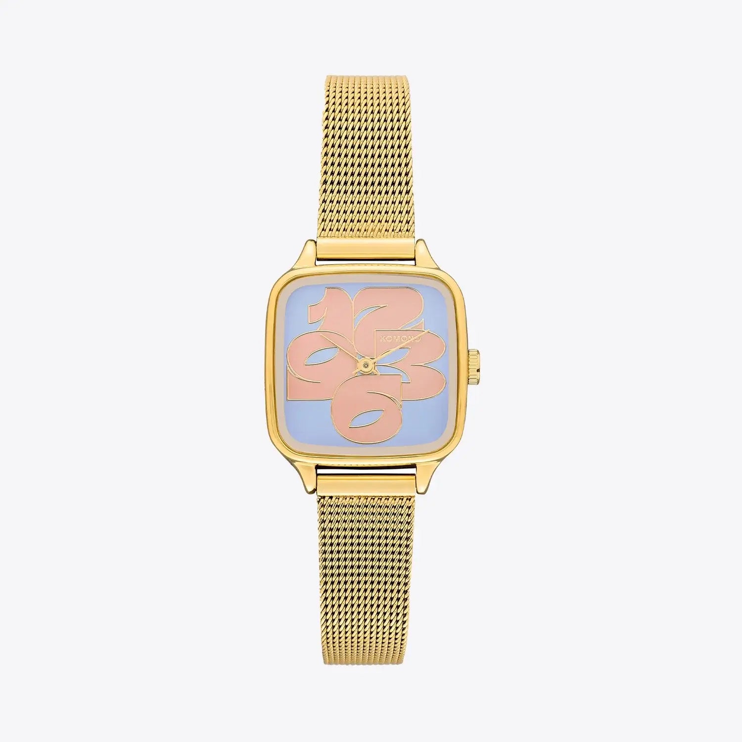Kate Cameo Royale Gold Sky Watch with pink accents and stainless steel mesh band on a light blue background.