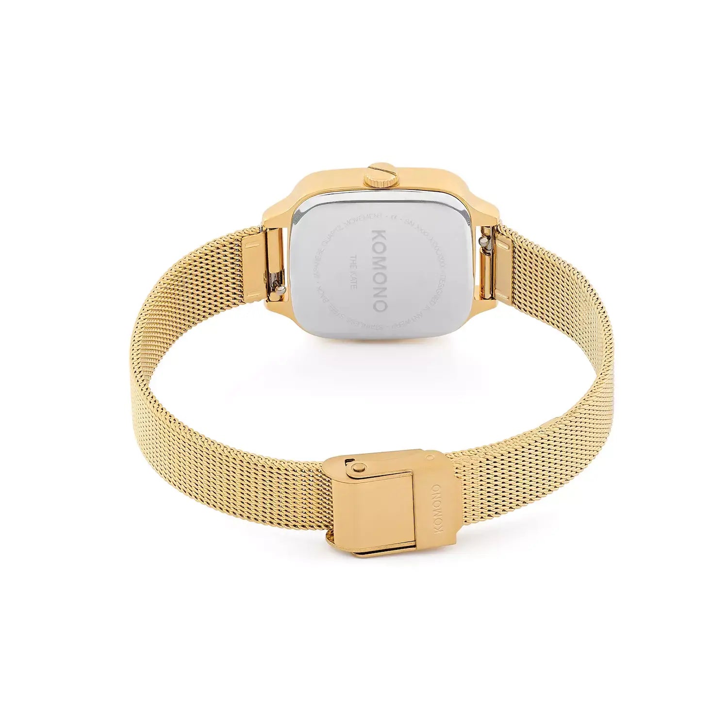 Back view of Kate Aurora Royale Gold Green Blush Watch with gold mesh strap and square case.