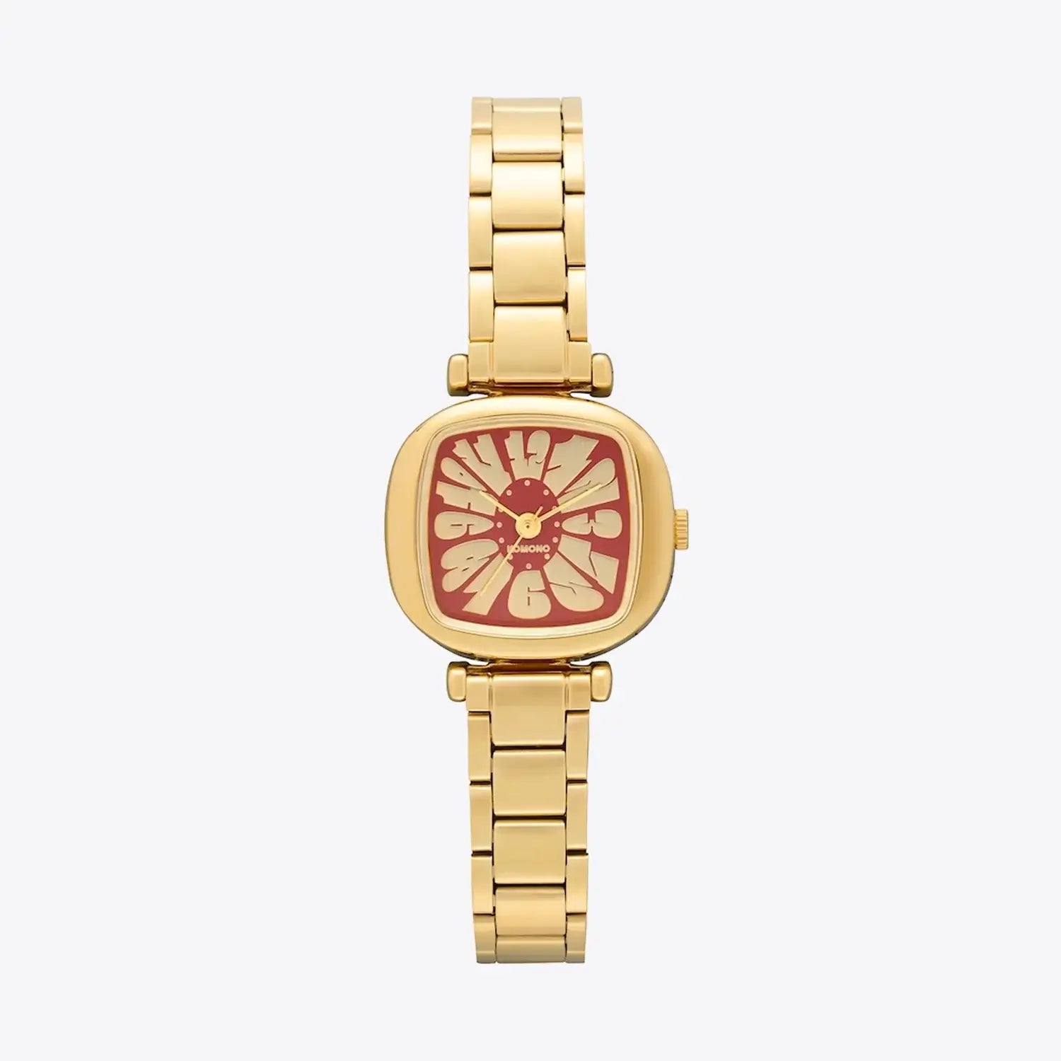 Moneypenny Flower Tire Gold Bordeaux Watch with gold alloy case and stainless steel strap.