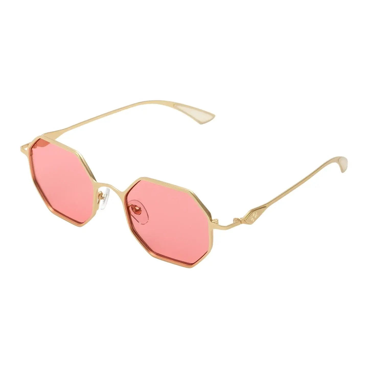 Jean Expedition Gold Sunglasses with pink lenses and stainless steel frame, UV 400 protection, stylish unisex eyewear.