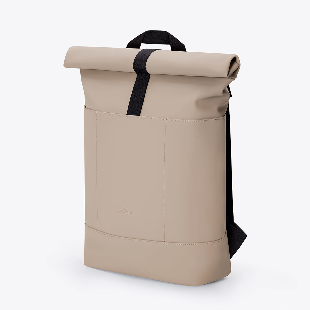 Hajo Lotus Nude Backpack featuring waterproof material, roll-top closure, and padded shoulder straps.