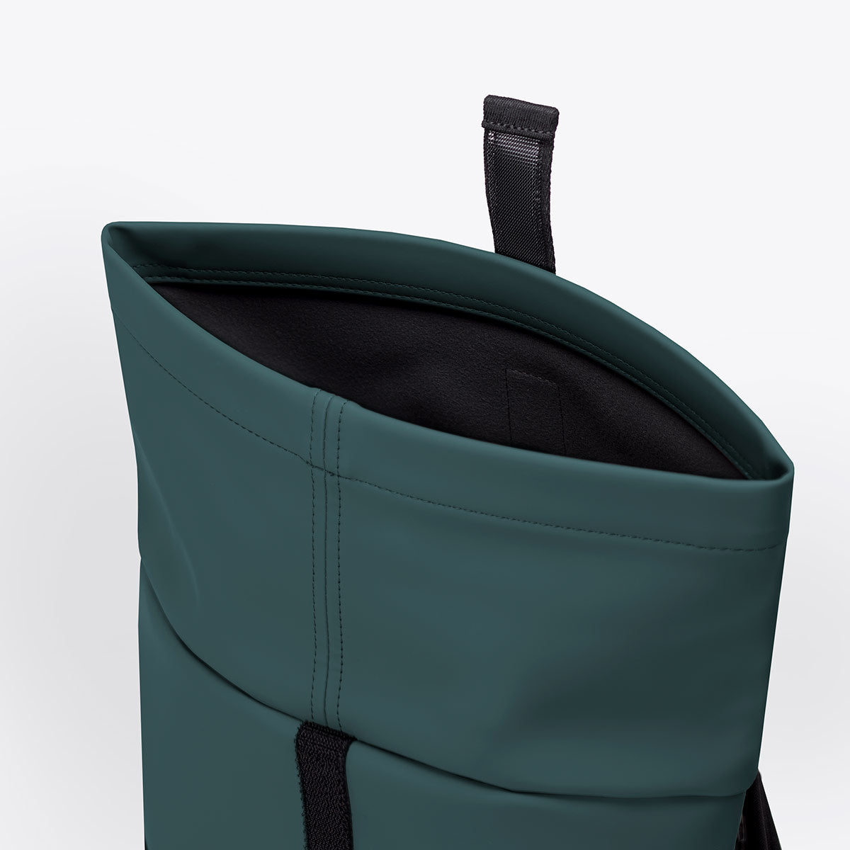 Hajo Macro Lotus Forest Backpack roll-top closure and inner view, waterproof design