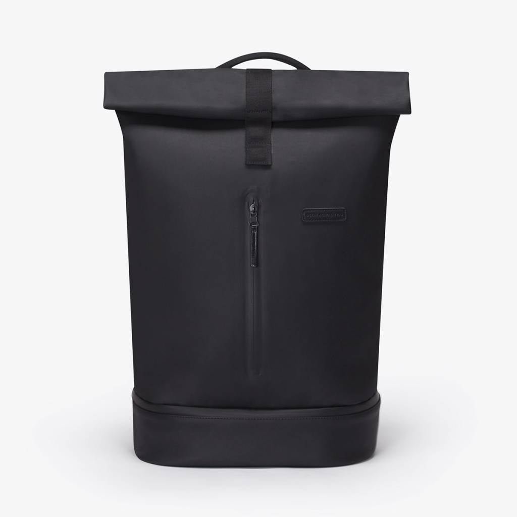 Hajo Pro Lotus Black Backpack with roll-top design, waterproof material, and extra zip compartment