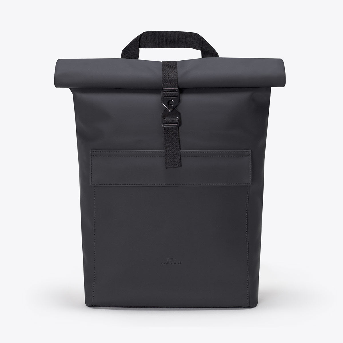 Jasper Lotus Black Backpack with roll-top closure, waterproof design, extra side zipper, suitable for 16 inch laptop.