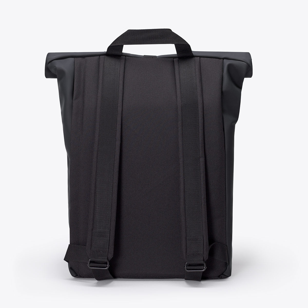 Jasper Lotus Black Backpack with roll-top closure and straps, waterproof and dirt repellent, suitable for 16 inch laptop.