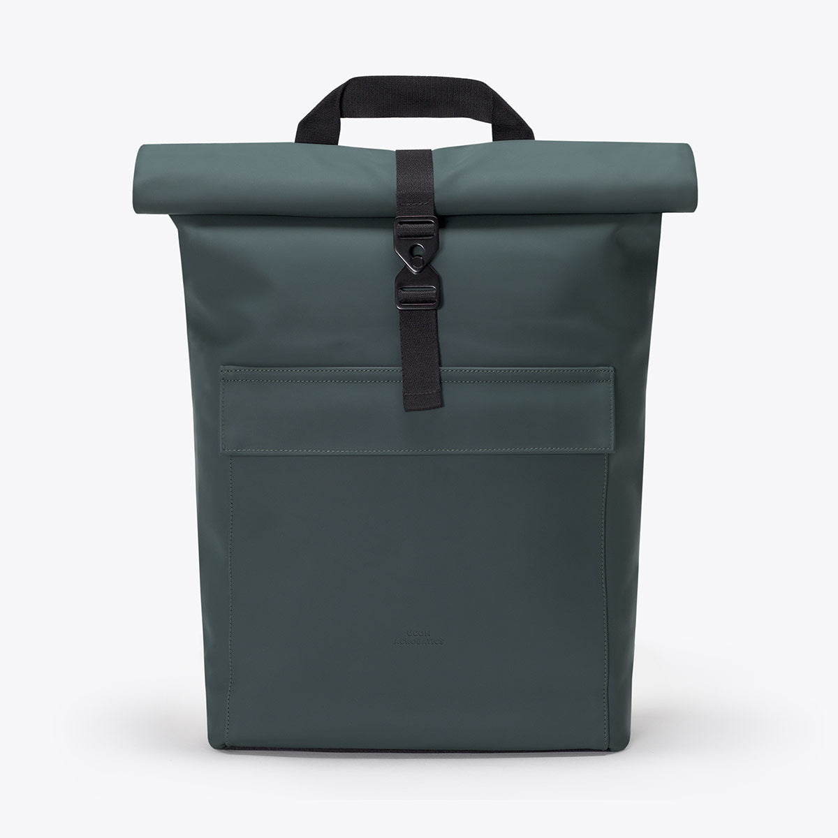 Jasper Lotus Forest Backpack in green with roll-top closure and side zipper, waterproof and dirt repellent.