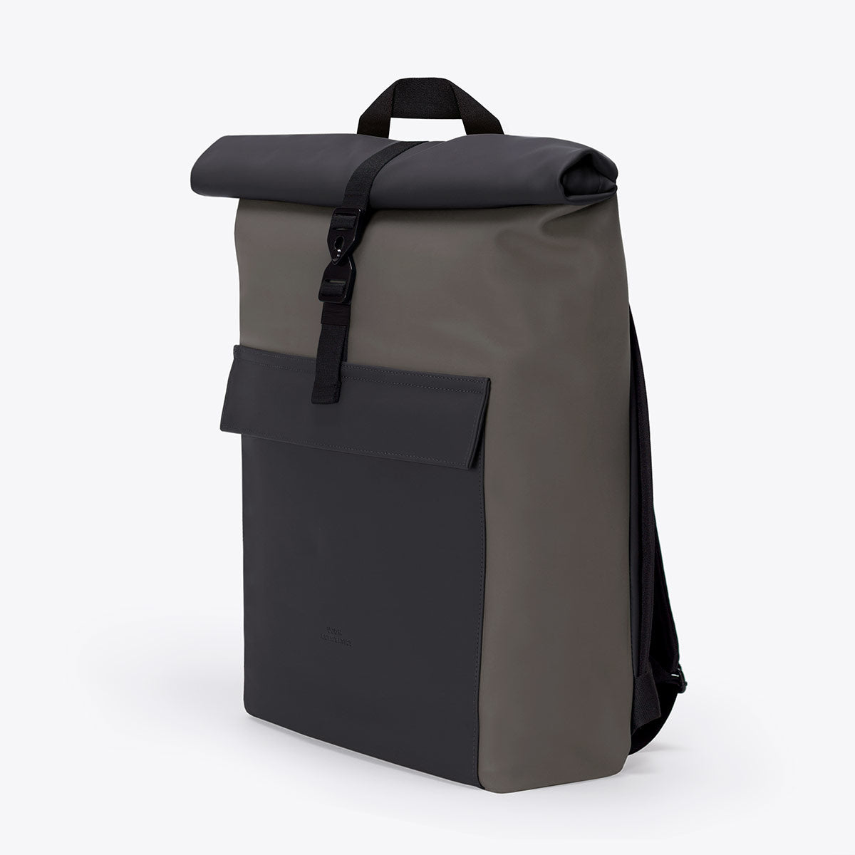 Jasper Lotus Black Dark Grey Backpack showcasing waterproof and dirt repellent design with roll-top closure.