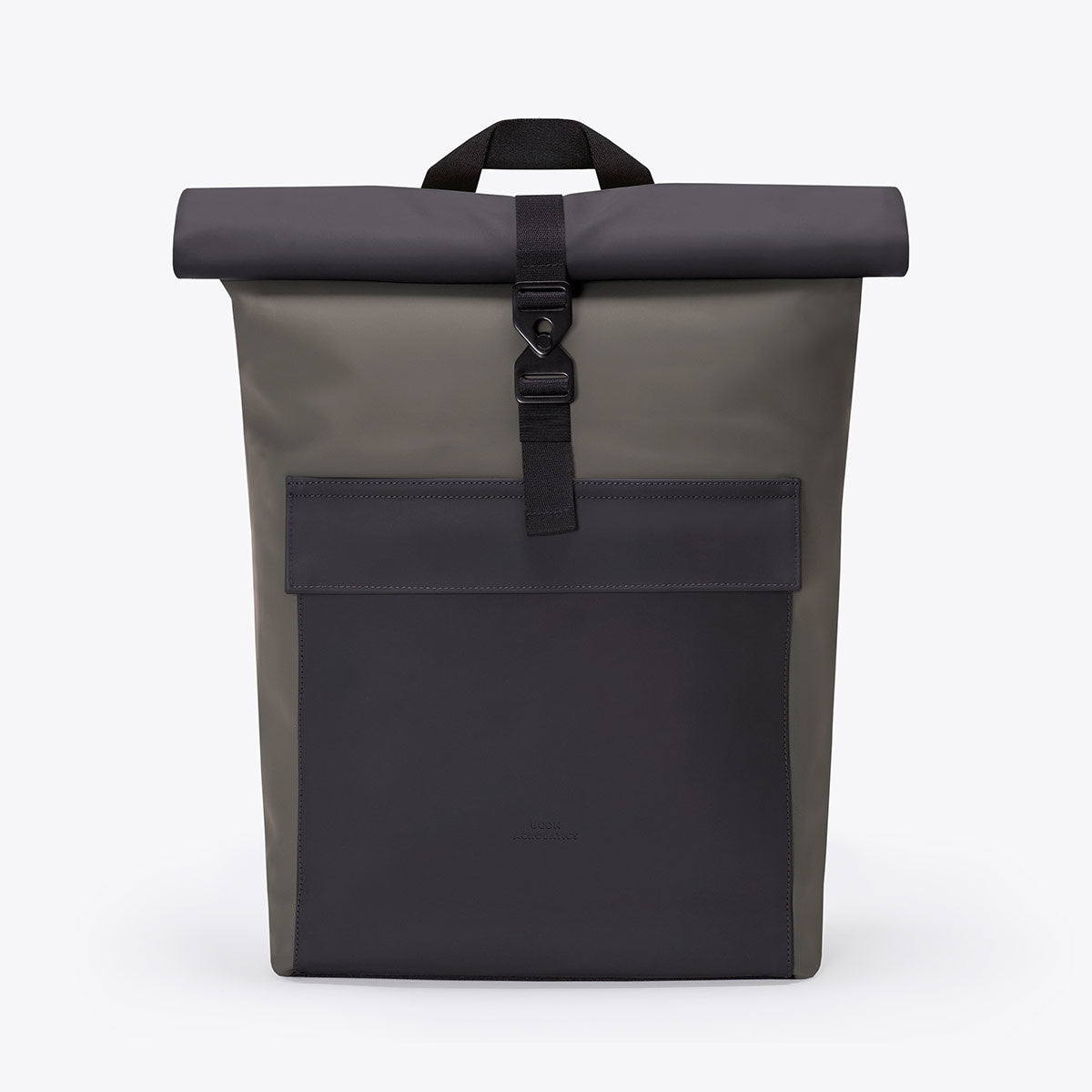 Jasper Lotus Black Dark Grey Backpack features a roll-top closure, waterproof design, and extra side zipper.