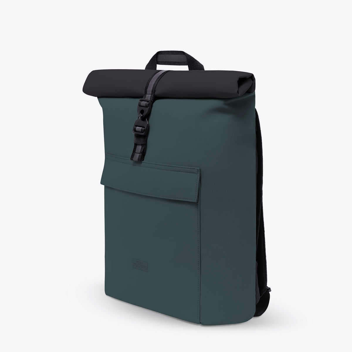 Jasper Mini Aloe Forest Backpack in green with roll-top closure and side zipper for 16 inch laptop.