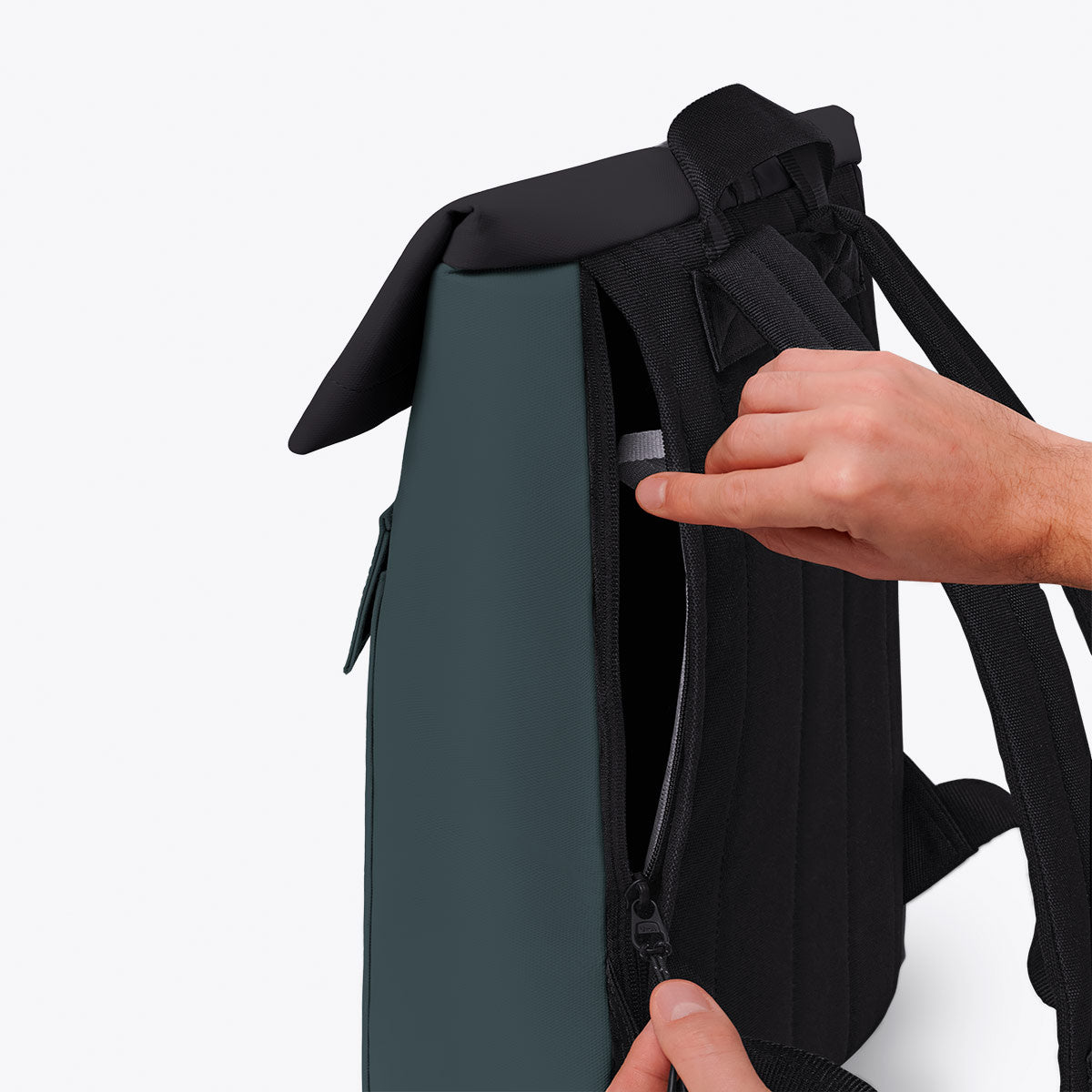 Jasper Mini Aloe Forest Backpack showing side zipper and waterproof roll-top closure