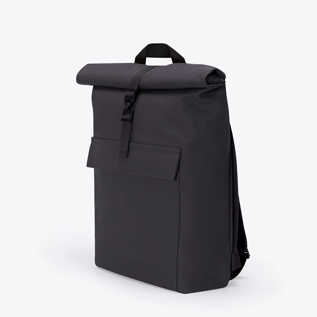 Jasper Mini Lotus Black Backpack with roll-top closure and side zipper for 15.4 inch laptop.