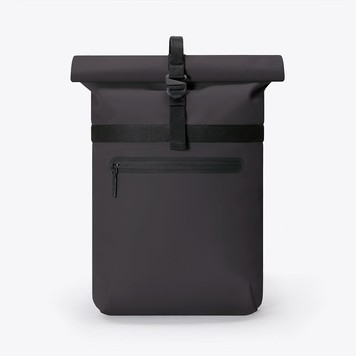 Niklas Lotus Black Backpack with waterproof rolltop closure and extra side zipper for convenience.