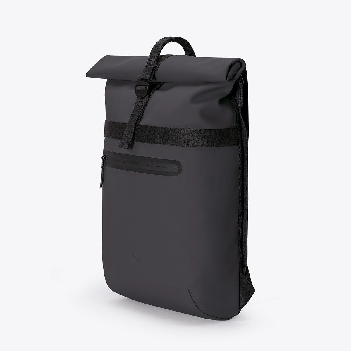 Niklas Lotus Black Backpack in waterproof material with rolltop closure and side zipper.