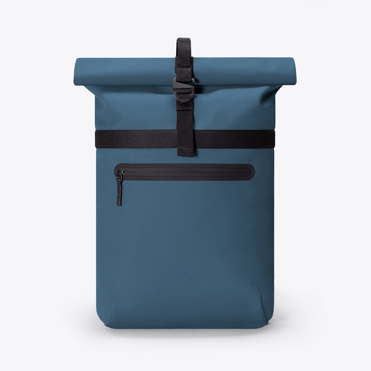 Niklas Lotus Petrol Backpack with waterproof rolltop closure and side zipper.