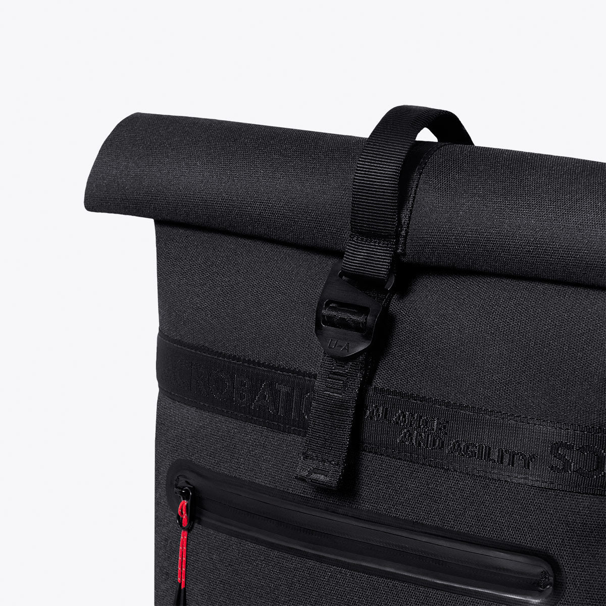 Niklas Phantom Black Backpack rolltop closure with zipper and padded compartment for easy access.