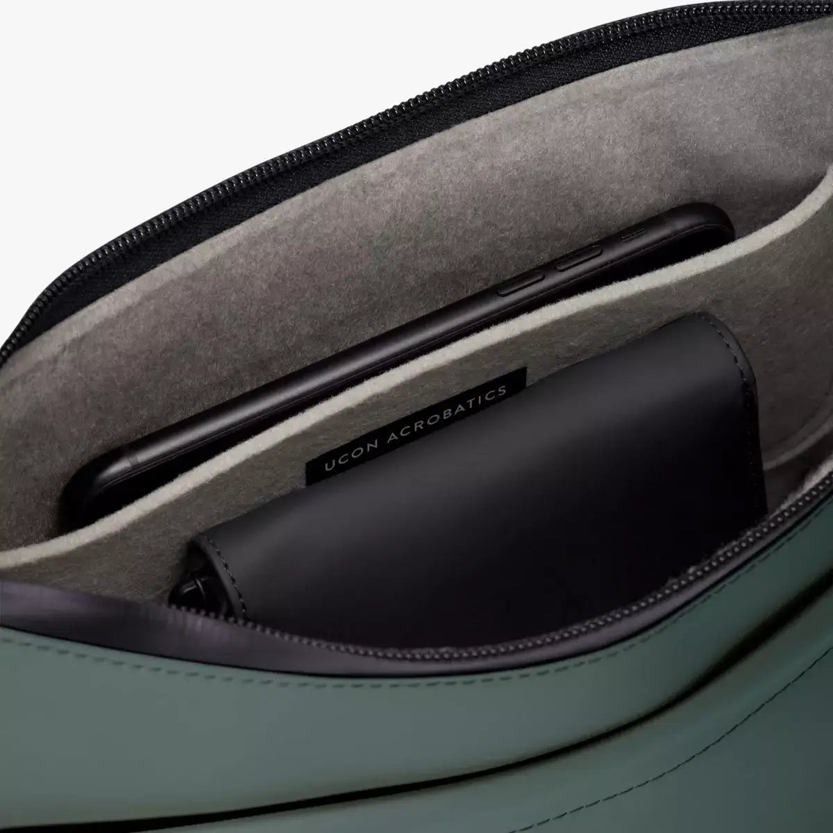 Alva Medium Lotus Infinity Pine Green Shoulder Bag interior with phone and pocket organizer