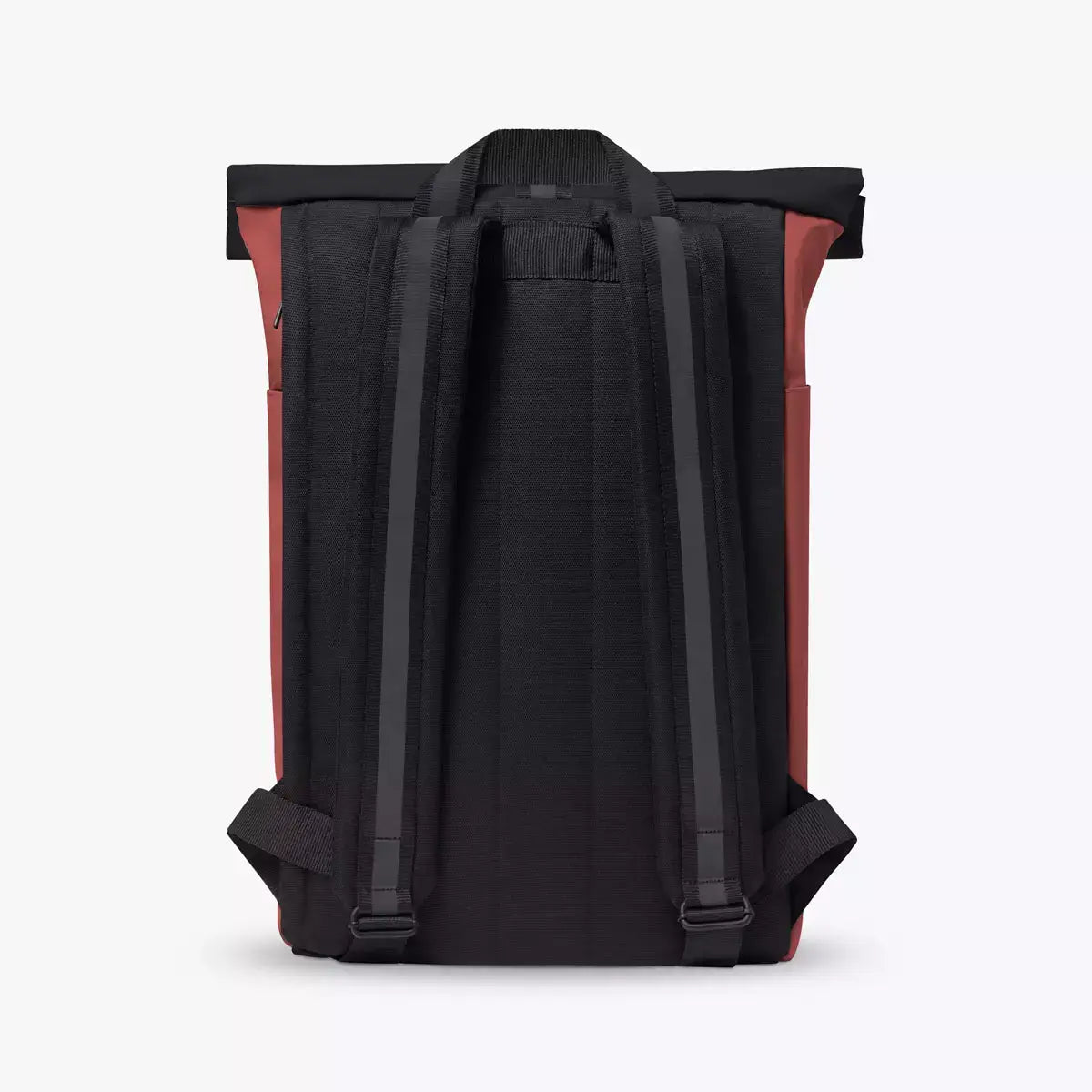 Hajo Aloe Hibiscus Black Backpack showing roll-top design and padded shoulder straps in a sleek black color.