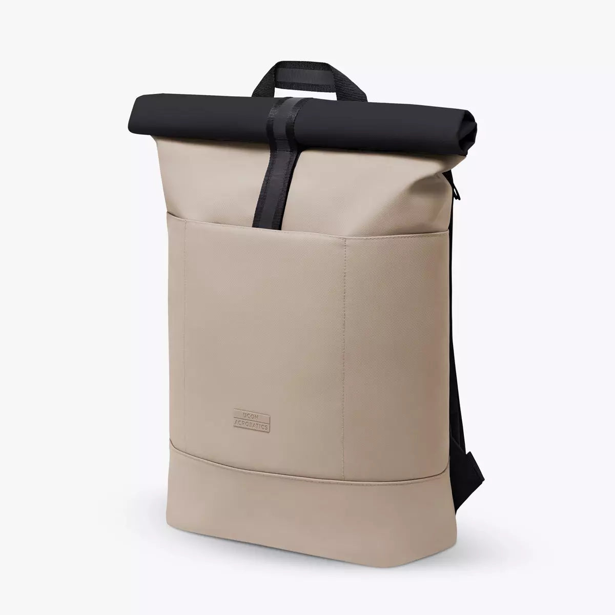 Hajo Aloe Sand Black Backpack with roll-top closure, waterproof material, and padded straps, ideal for daily use.