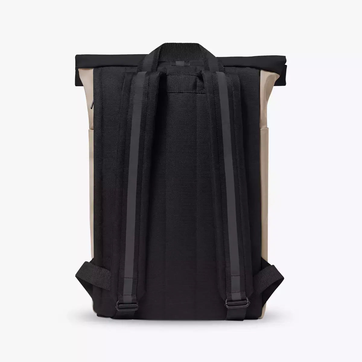 Hajo Aloe Sand Black Backpack back view showing padded shoulder straps and roll-top closure.
