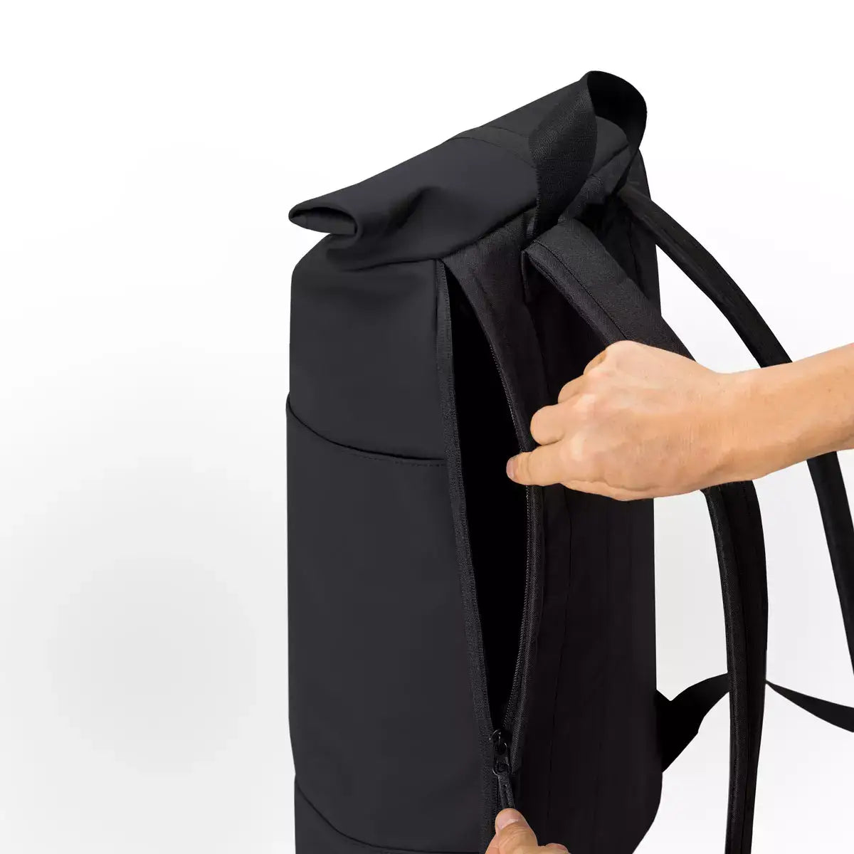 Hajo Lotus Infinity Black Backpack showcasing side zipper and padded straps for comfortable use.