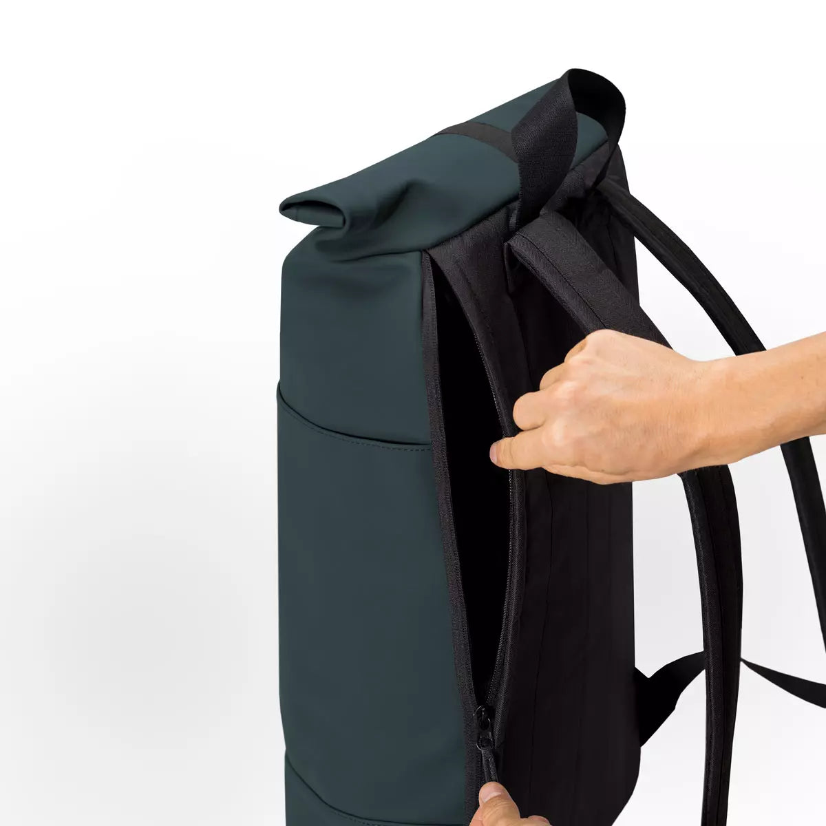 Hajo Lotus Infinity Forest Backpack showcasing side zipper detail with easy access for storage.