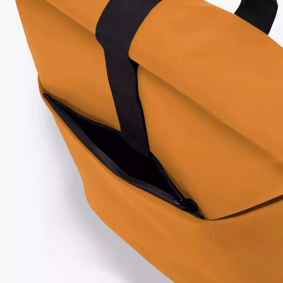 Hajo Lotus Infinity Honey Mustard Backpack showcasing waterproof side zipper and durable material.