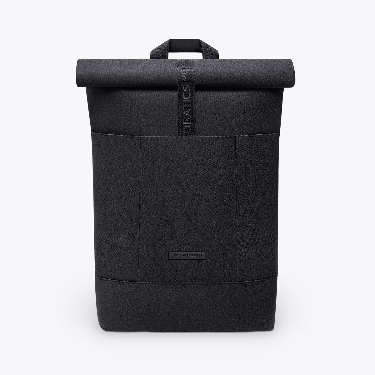 Hajo Phantom Black Backpack with roll-top closure, padded straps, and waterproof design for 16-inch laptop.