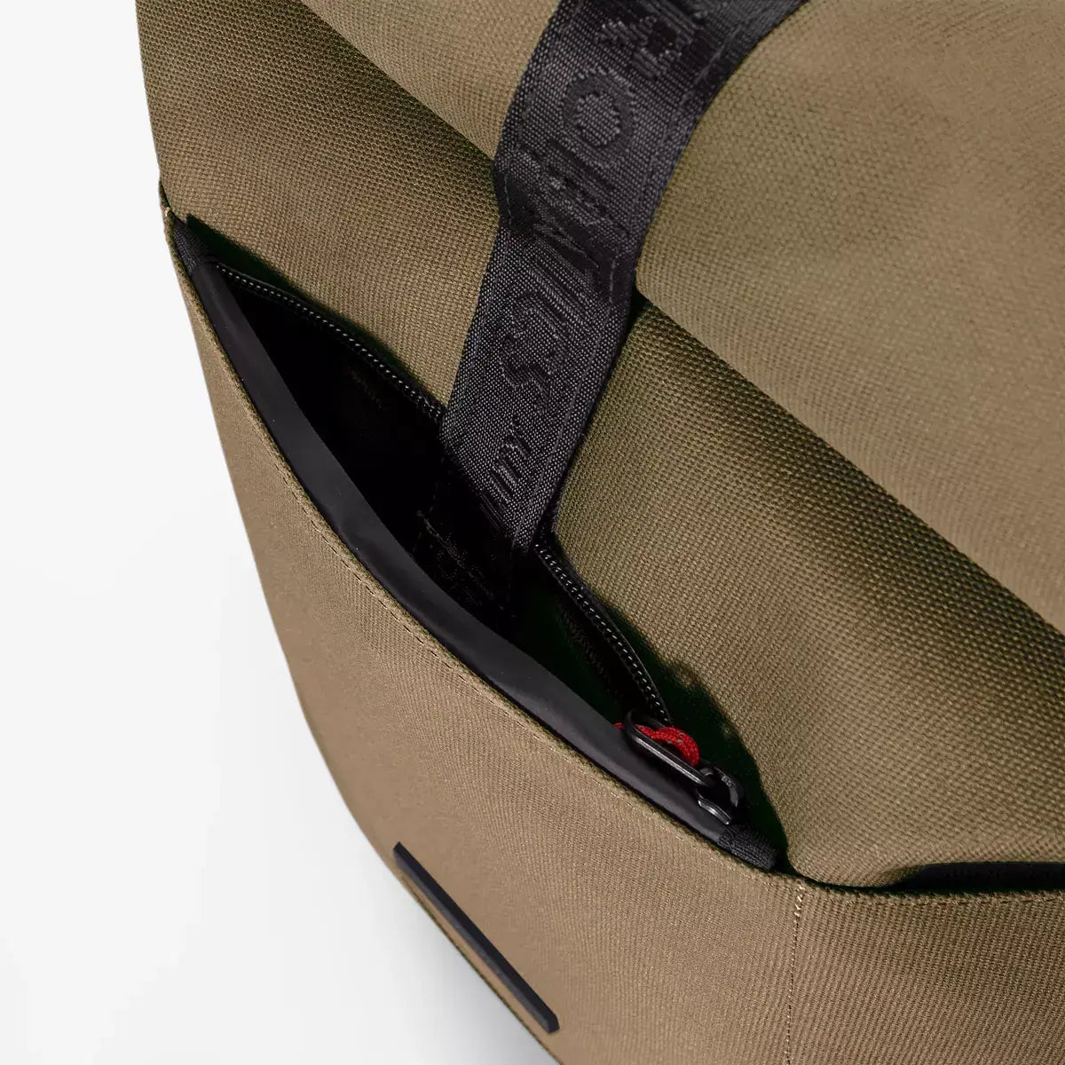 Hajo Phantom Olive Reflective Backpack showcasing side zipper pocket and roll-top design.