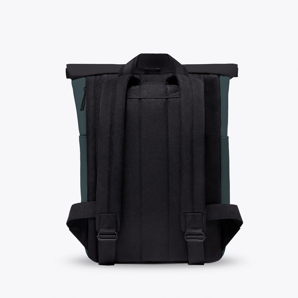 Hajo Mini Aloe Forest Backpack showcasing waterproof, roll-top design and padded straps, perfect for laptops up to 16 inches.