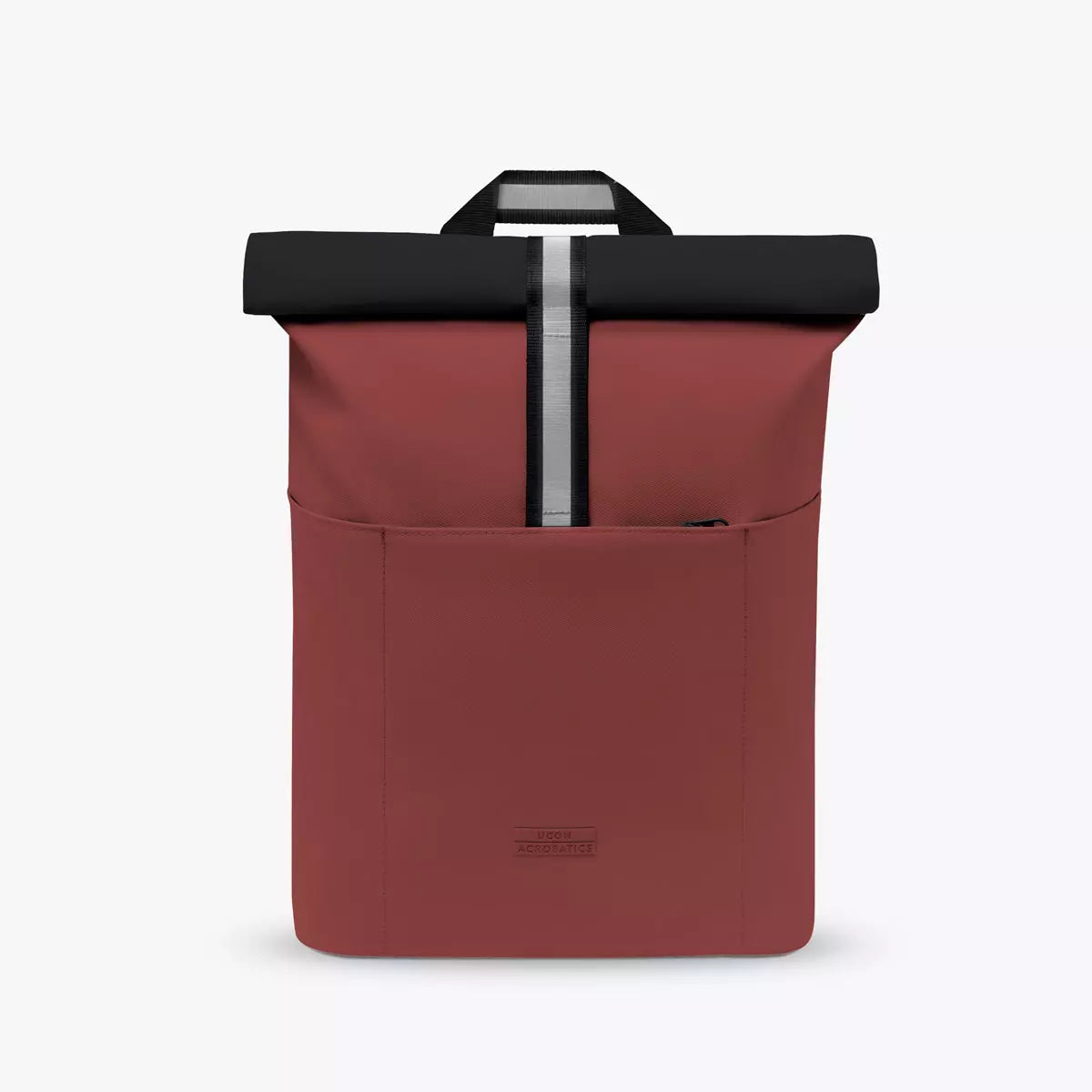 Hajo Mini Aloe Hibiscus Black Backpack with roll-top closure and side zipper, made of recycled PET bottles.