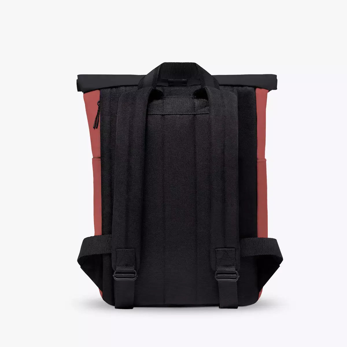 Hajo Mini Aloe Hibiscus Black Backpack featuring padded shoulder straps and roll-top closure.