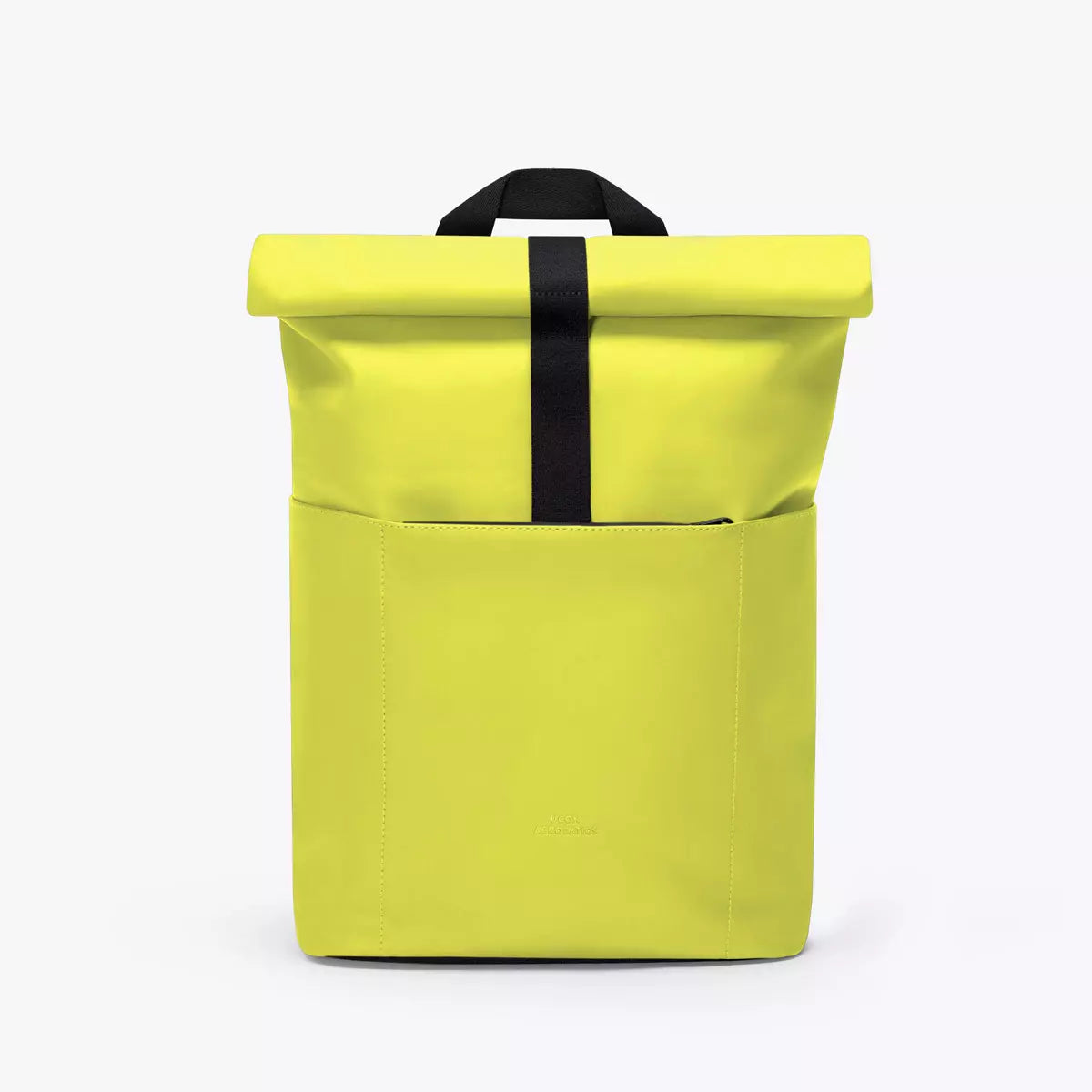 Hajo Mini Lotus Acid Lime Backpack in waterproof material with roll-top closure, featuring black accents and extra side zipper.