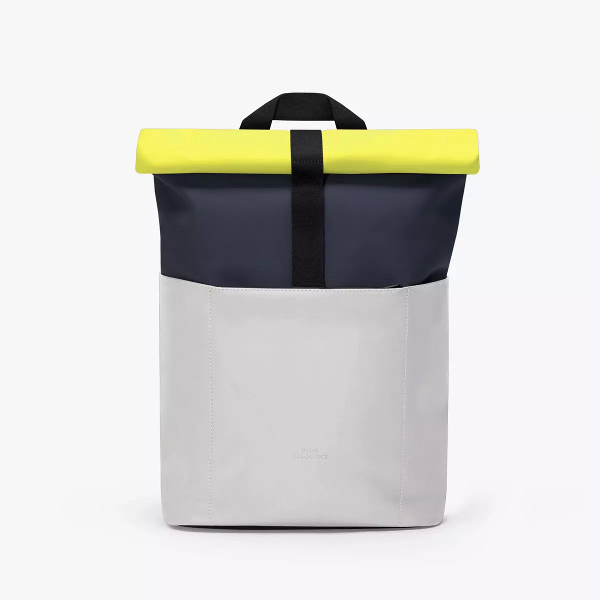 Hajo Mini Lotus Dark Navy Light Grey Backpack in waterproof design with roll-top closure and yellow accent.