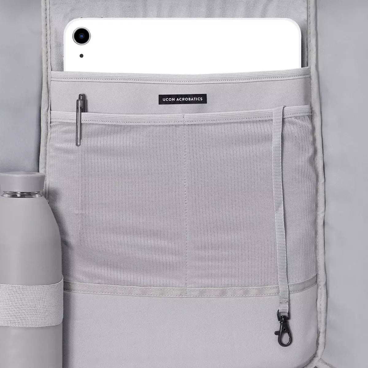 Hajo Mini Lotus Infinity Dark Sand Glacier Grey Backpack interior with a tablet compartment and water bottle holder