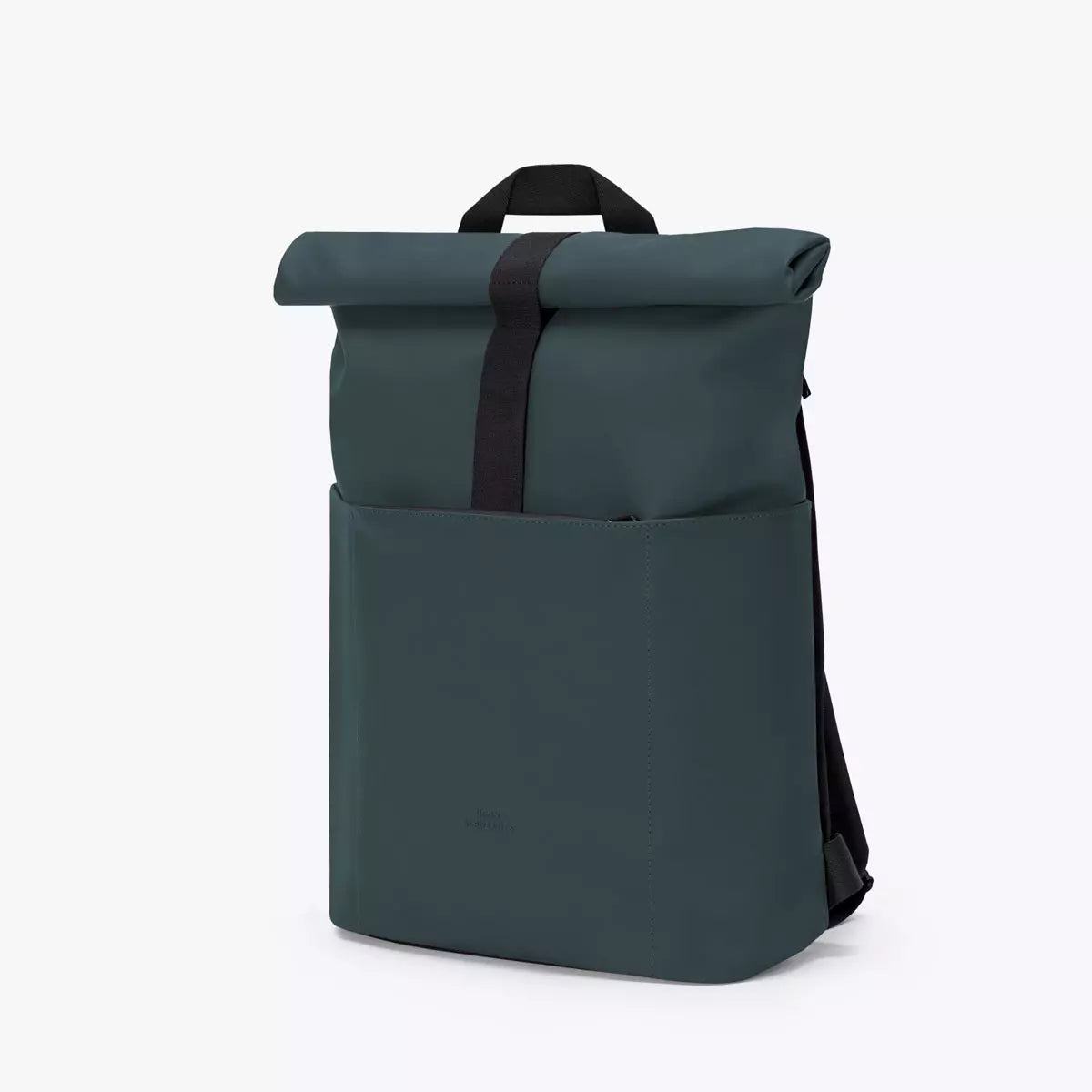 Hajo Mini Lotus Infinity Forest Backpack in dark green with roll-top design and exterior pocket.