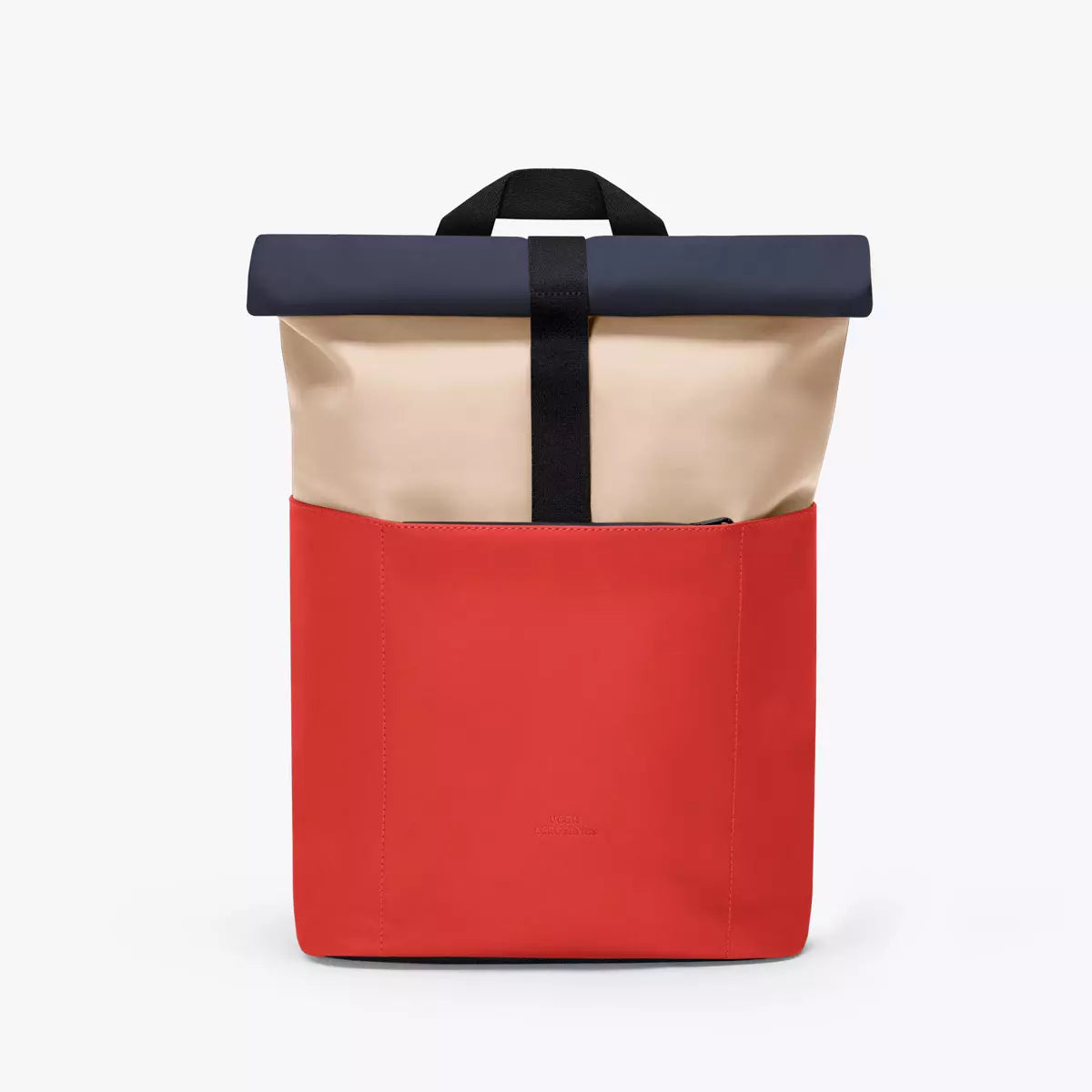 Hajo Mini Lotus Light Almond Red Backpack featuring waterproof design and roll-top closure in red and beige.