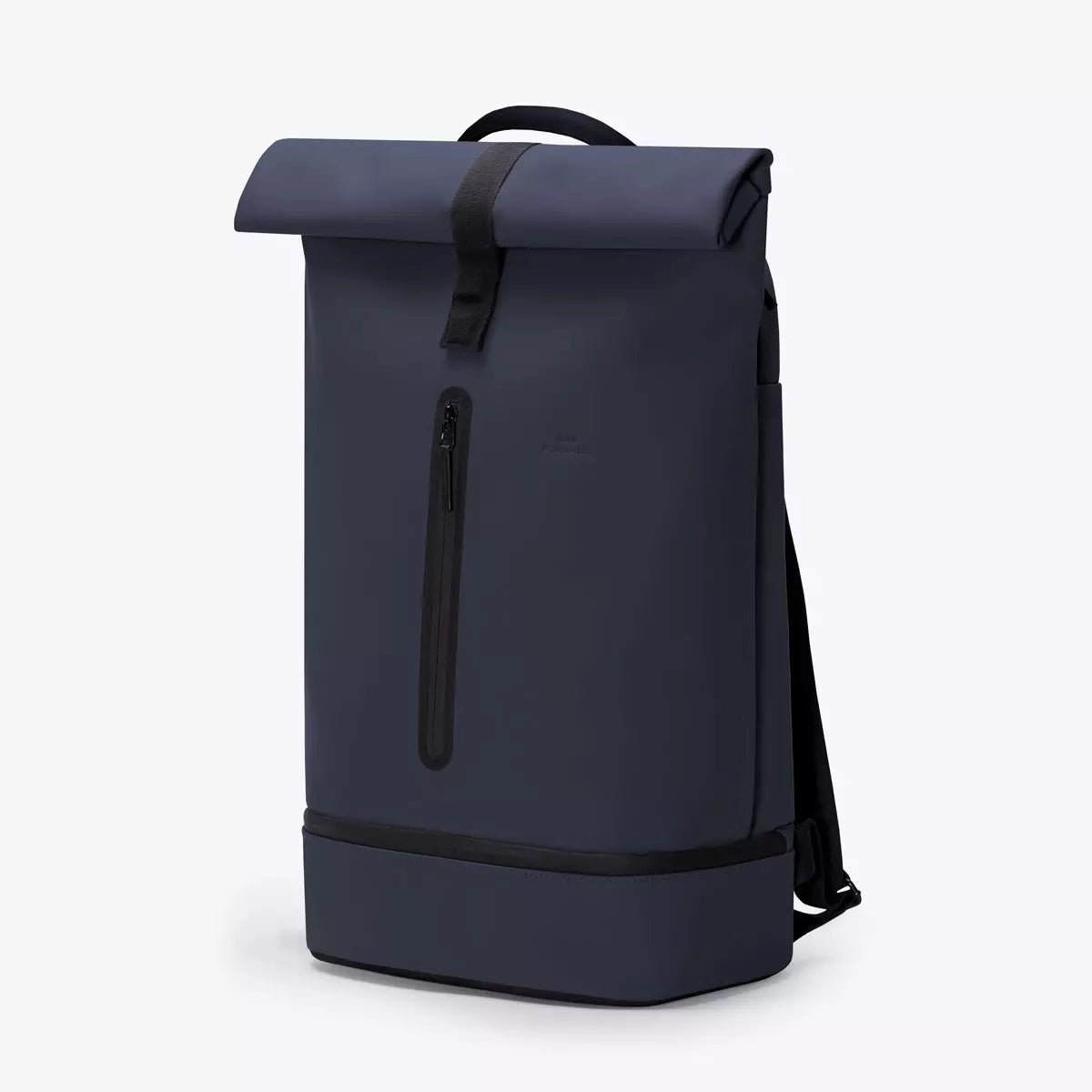 Hajo Pro Lotus Dark Navy Backpack with roll-top magnetic closure and side zipper for extra storage.