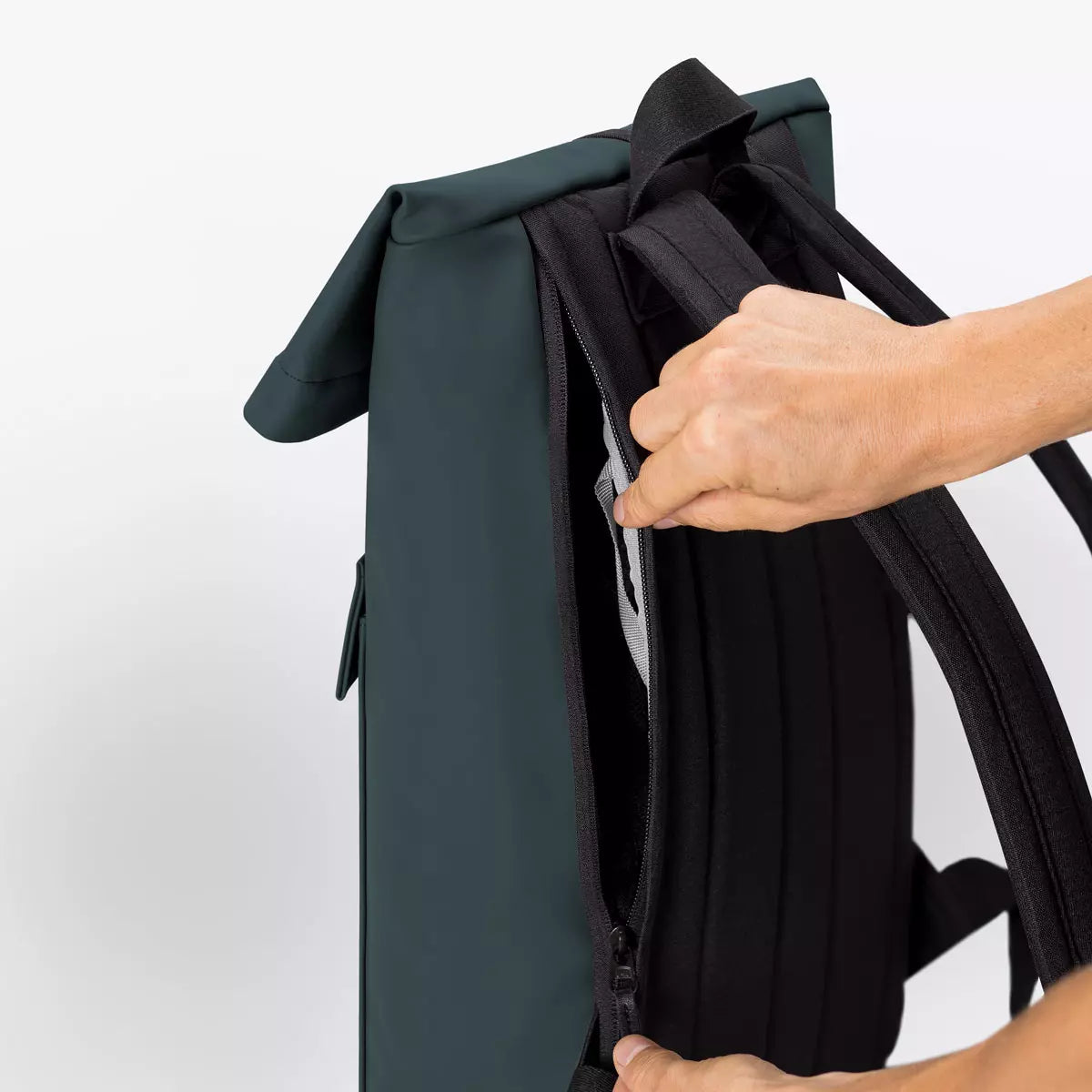 Jannik Medium Lotus Infinity Forest Backpack showcasing side zipper and roll-top closure details.