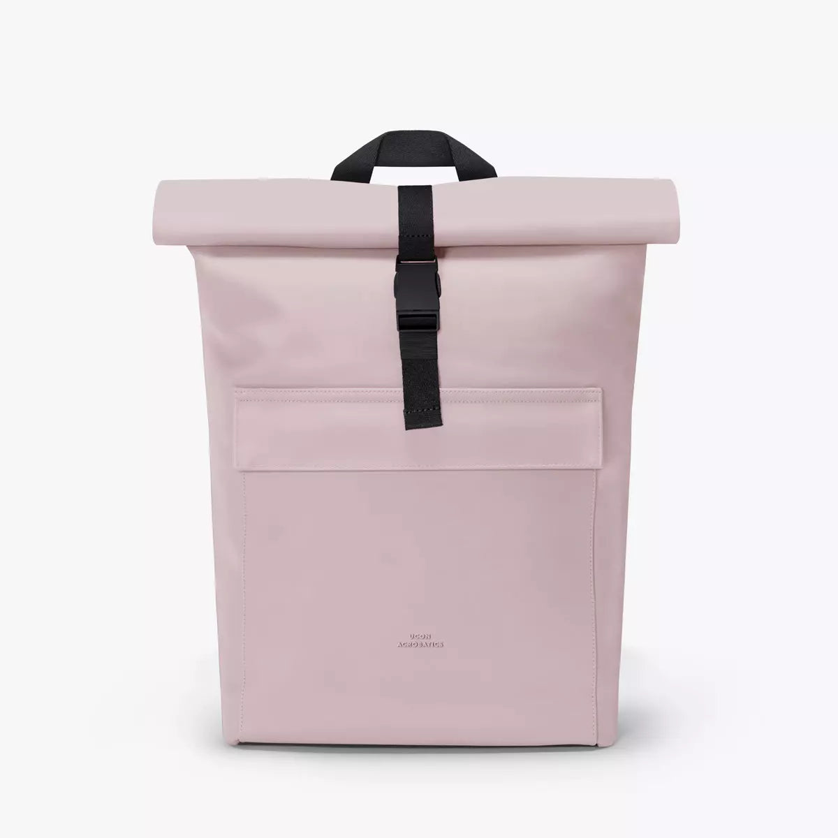 Jannik Mini Lotus Infinity Light Rose Backpack with roll-top closure and front pocket.