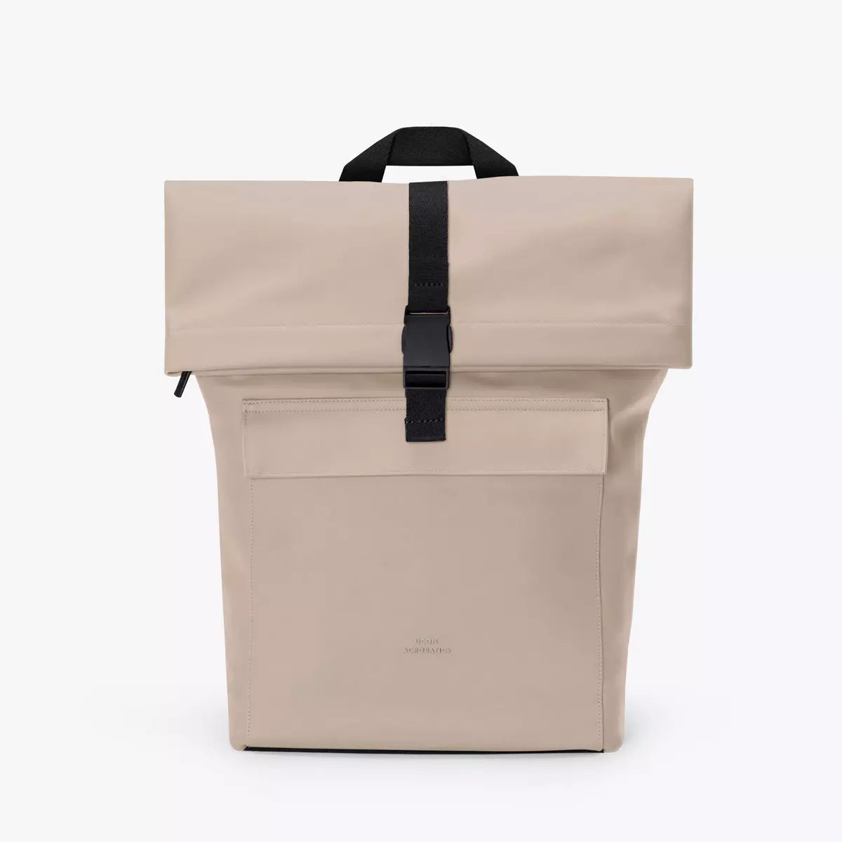 Jannik Mini Lotus Infinity Sand Backpack featuring roll-top closure and front zipper pocket.