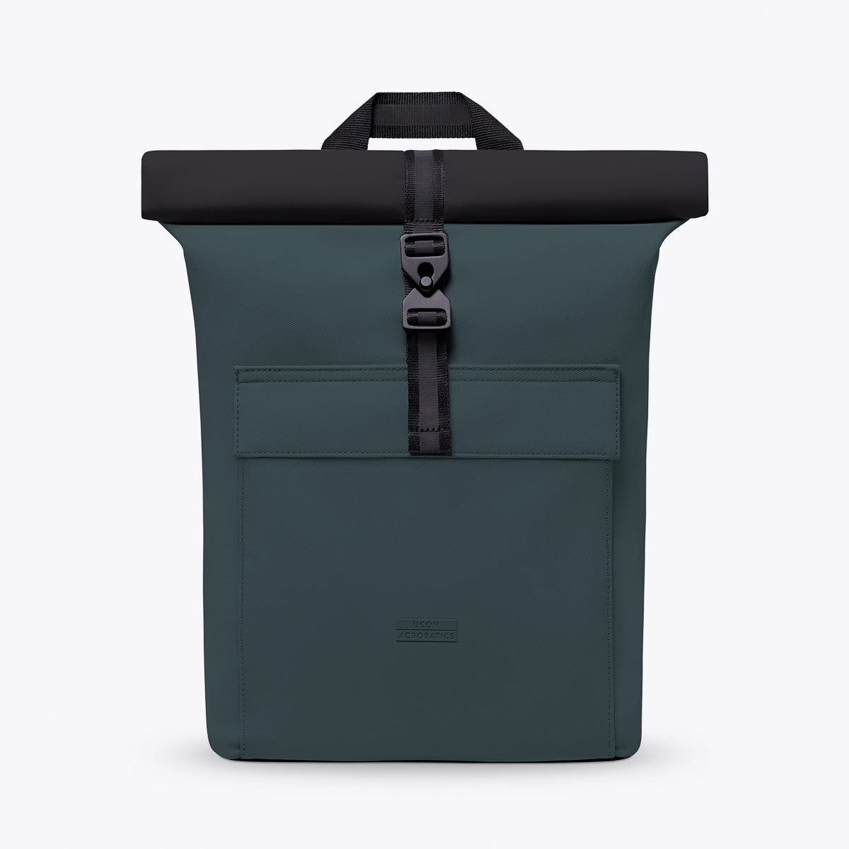 Jasper Aloe Forest Backpack with roll-top closure and side zipper in waterproof material.