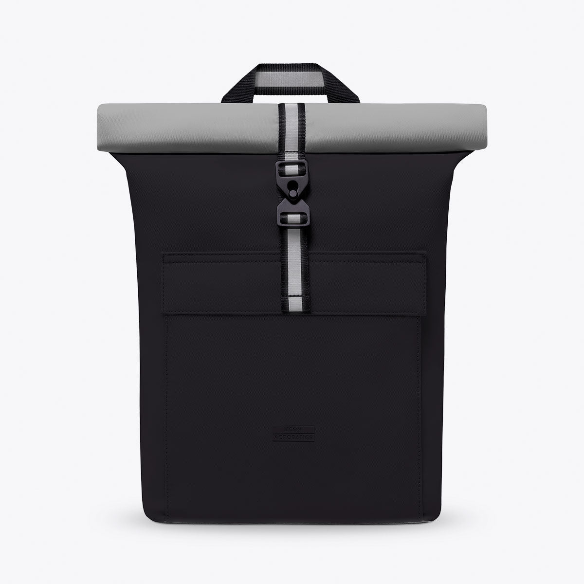 Jasper Aloe Black Backpack with roll-top closure, waterproof design, and reflective bands.