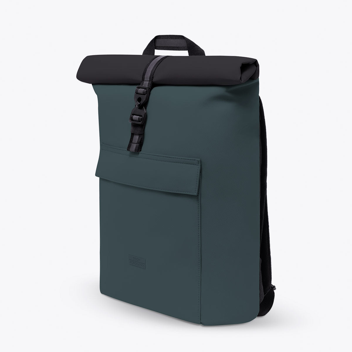 Jasper Aloe Forest Backpack, waterproof roll-top closure, extra side zipper, suitable for 16 inch laptop, made from recycled materials.