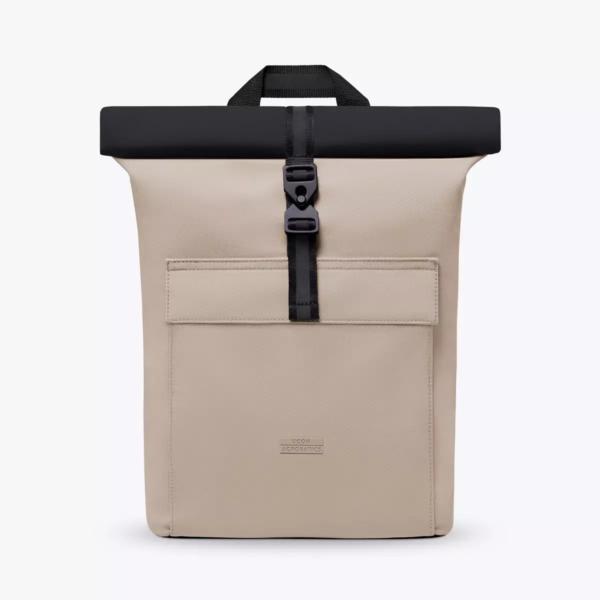 Jasper Aloe Sand Black Backpack with roll-top closure, waterproof material, and extra side zipper for laptops.