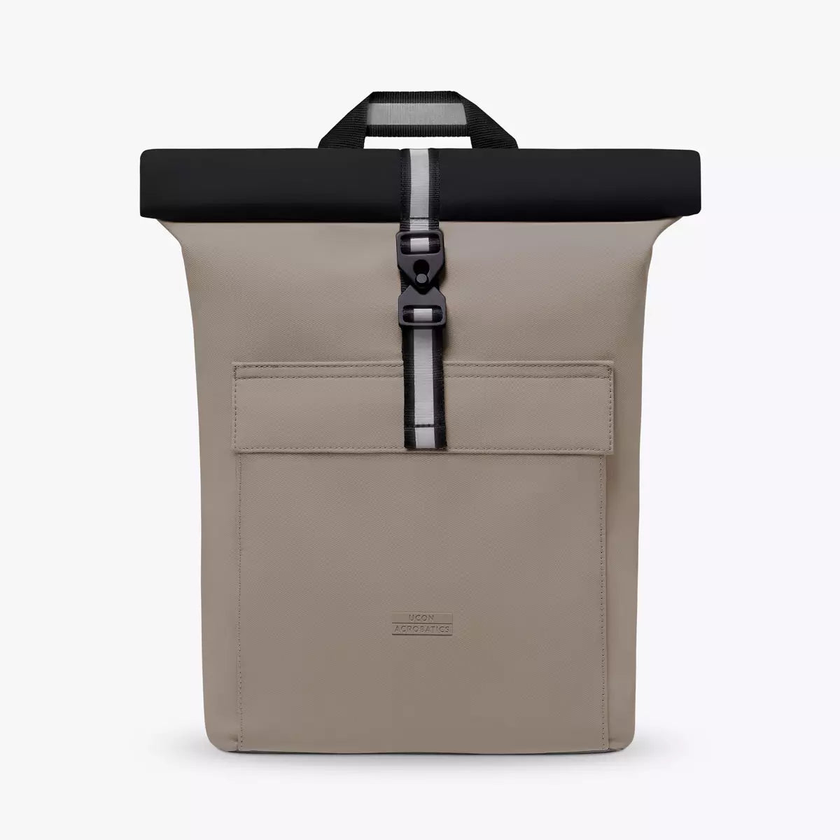 Jasper Aloe Sand Black Backpack with roll-top closure, waterproof, and extra side zipper detail.