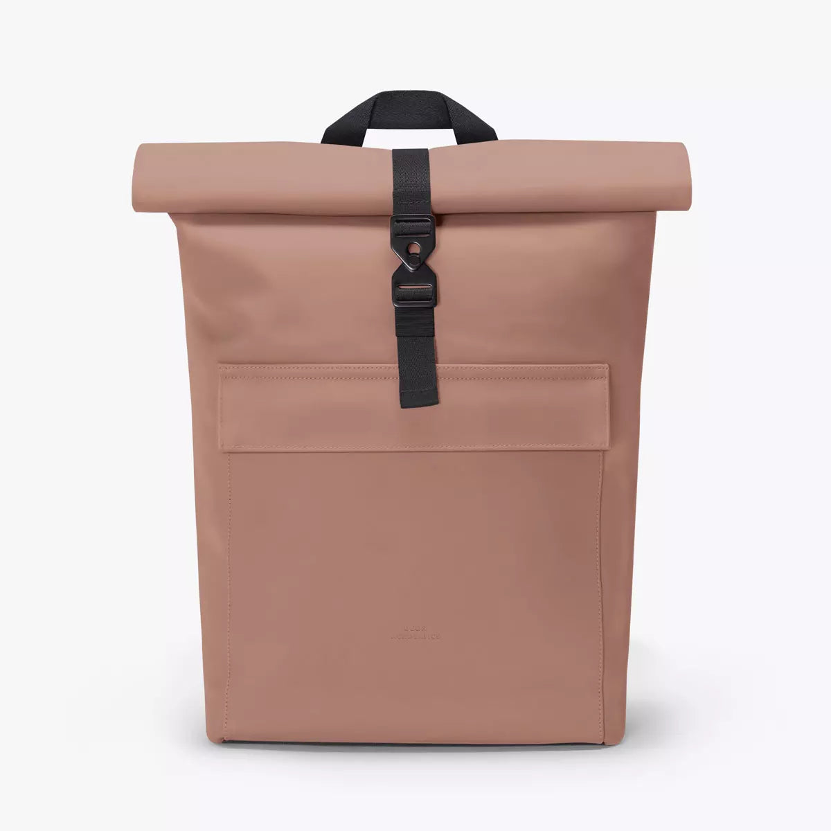 Jasper Lotus Redwood Backpack in pink with roll-top closure and black clip.