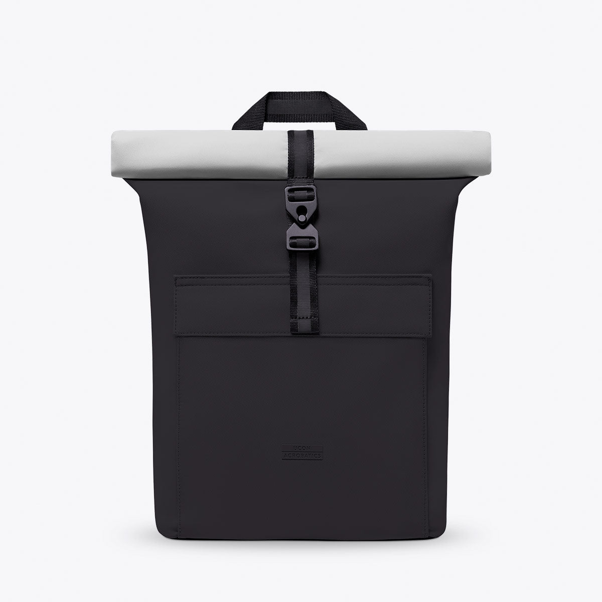 Jasper Mini Aloe Black Backpack with waterproof roll-top closure and reflective bands.