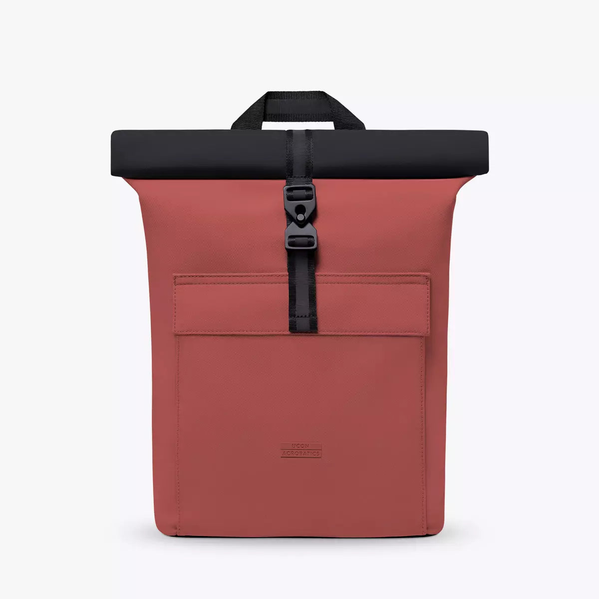 Jasper Mini Aloe Hibiscus Black Backpack in waterproof design with roll-top closure and extra side zipper.