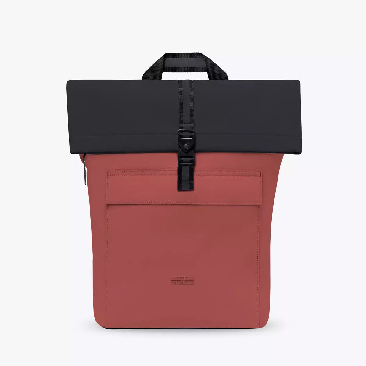 Jasper Mini Aloe Hibiscus Black Backpack with waterproof roll-top closure and side zipper.